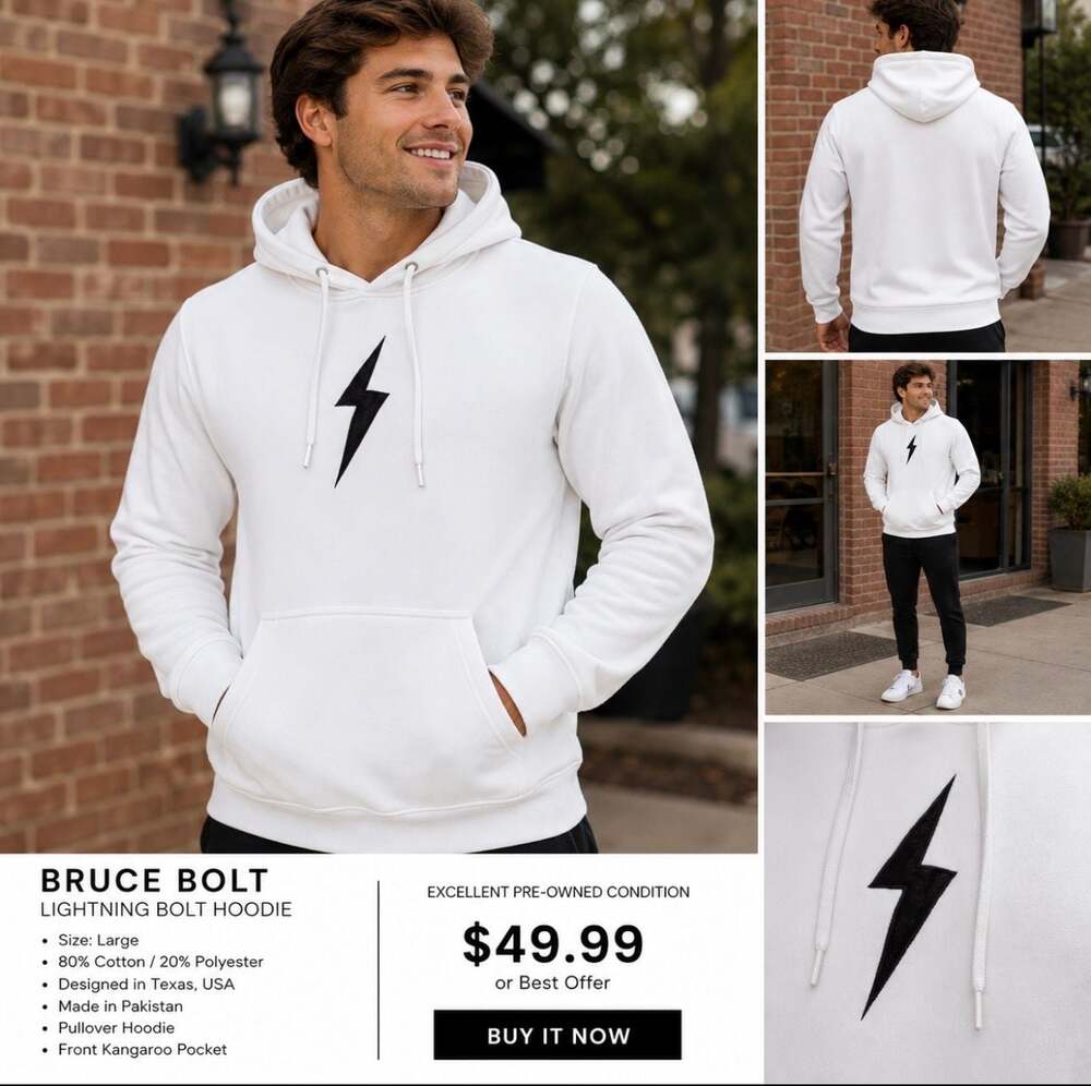Bruce Bolt White Lightning Bolt Hoodie Men’s Large Texas Baseball Pullover